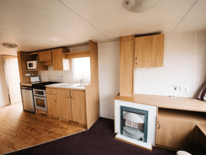 2011 Delta Santana 28ft x 12ft - 2 bed for sale at Castle Cove Caravan Park in Abergele North Wales - Kitchen and Gas Fire View